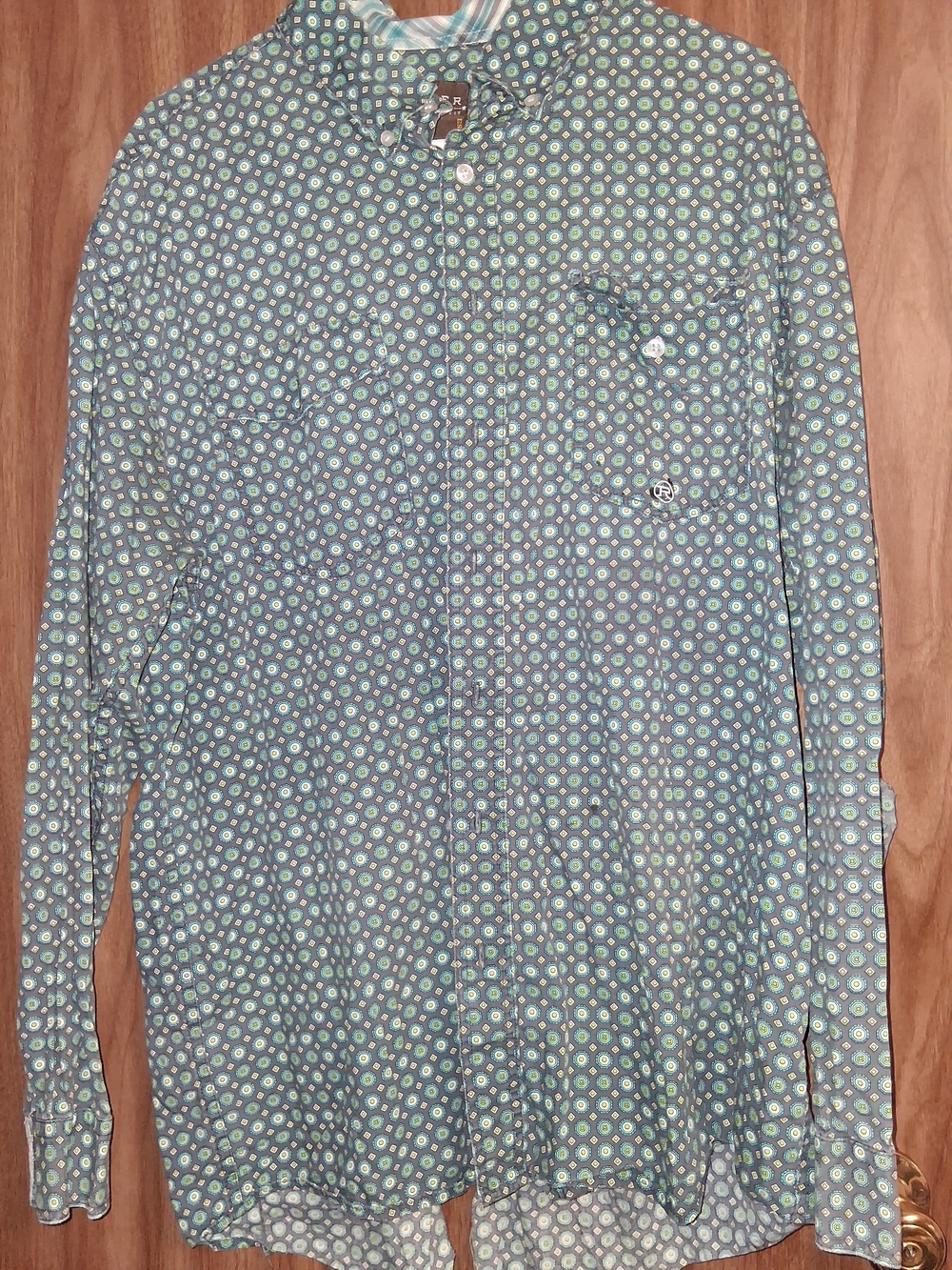 Roper Men's Button-Down Shirt in Blue and Green Geometric Print